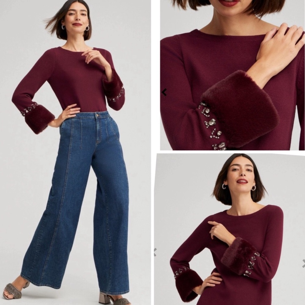 CHICO’S Pullover Faux Fur Trim Embellished Merlot Sweater Rhinestones Size 0 S